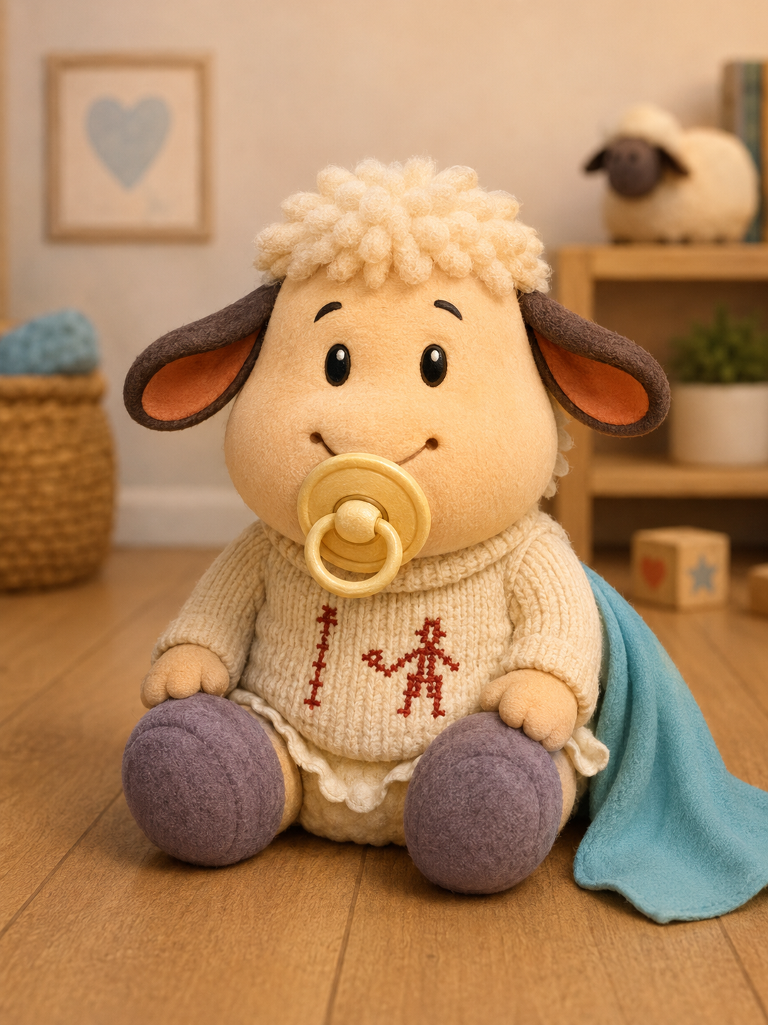 Original-Plüschfigur des Babyschafs Pfüddi aus dem Winnieversum von Gerry Dressler, sitzend auf einem Holzboden. Das kleine, cremefarbene Plüschschaf hat dunkle Ohren und trägt einen gelben Schnuller im Mund. Es ist in einen hellen Strickpullover gekleidet, auf dem zwei kleine, rote Strichmännchen eingestickt sind. Das Schaf trägt violette Füsslinge, und neben ihm liegt eine hellblaue Kuscheldecke.