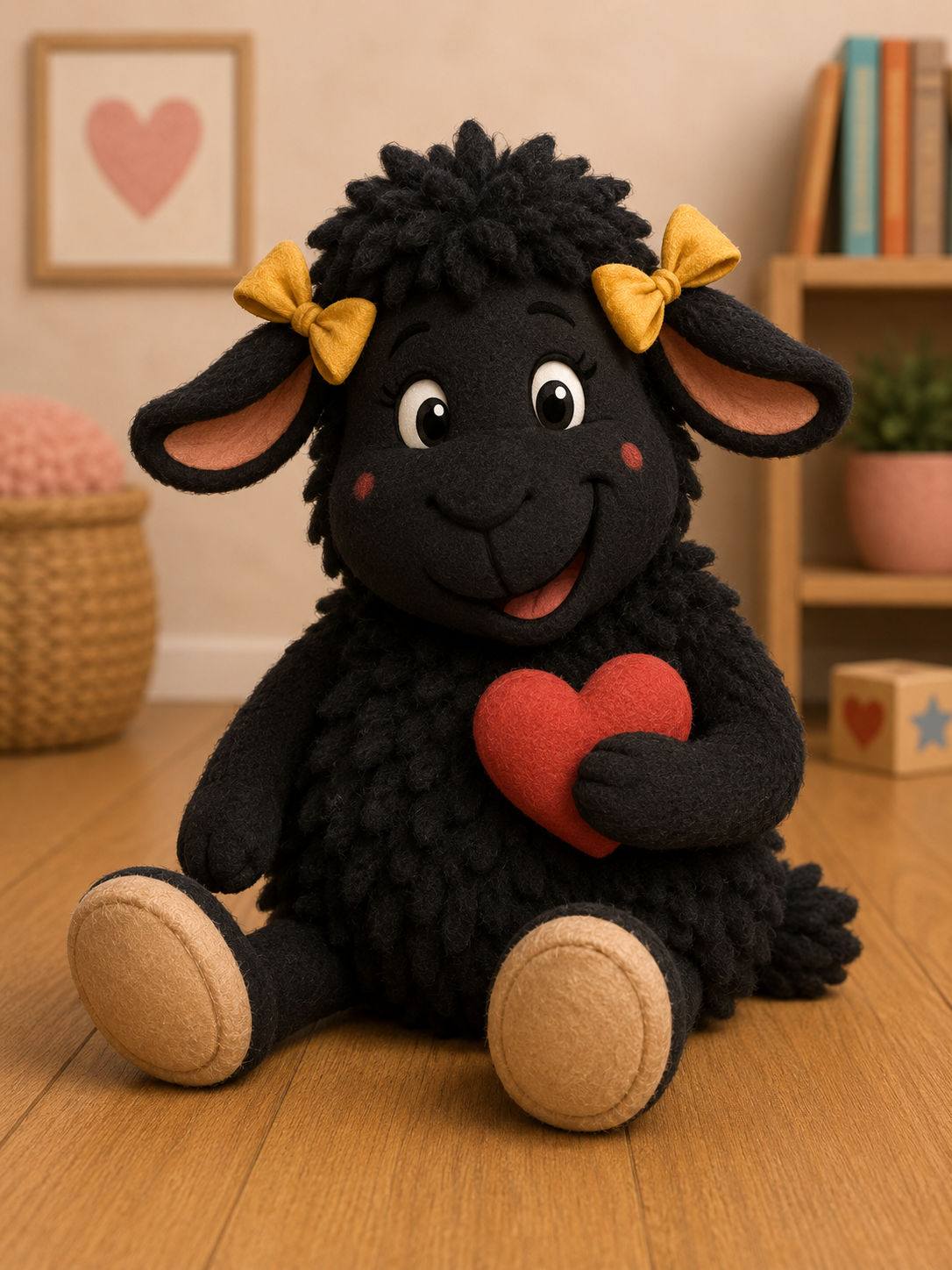 Original-Plüschfigur Hilde. Das schwarze Schafs aus dem Winnieversum von Gerry Dressler, sitzend auf einem Holzboden. Das schwarze, flauschige Filzschaf blickt fröhlich mit angedeuteten roten Räckchen drein und trägt an den Ohren zwei gelbe Schleifen. In den Pfoten hält es ein grosses, rotes Herz aus Filz. Im Hintergrund ist ein gemütlicher Wohnbereich mit einem geflochtenen Korb und einem hölzernen Bücherregal zu sehen.