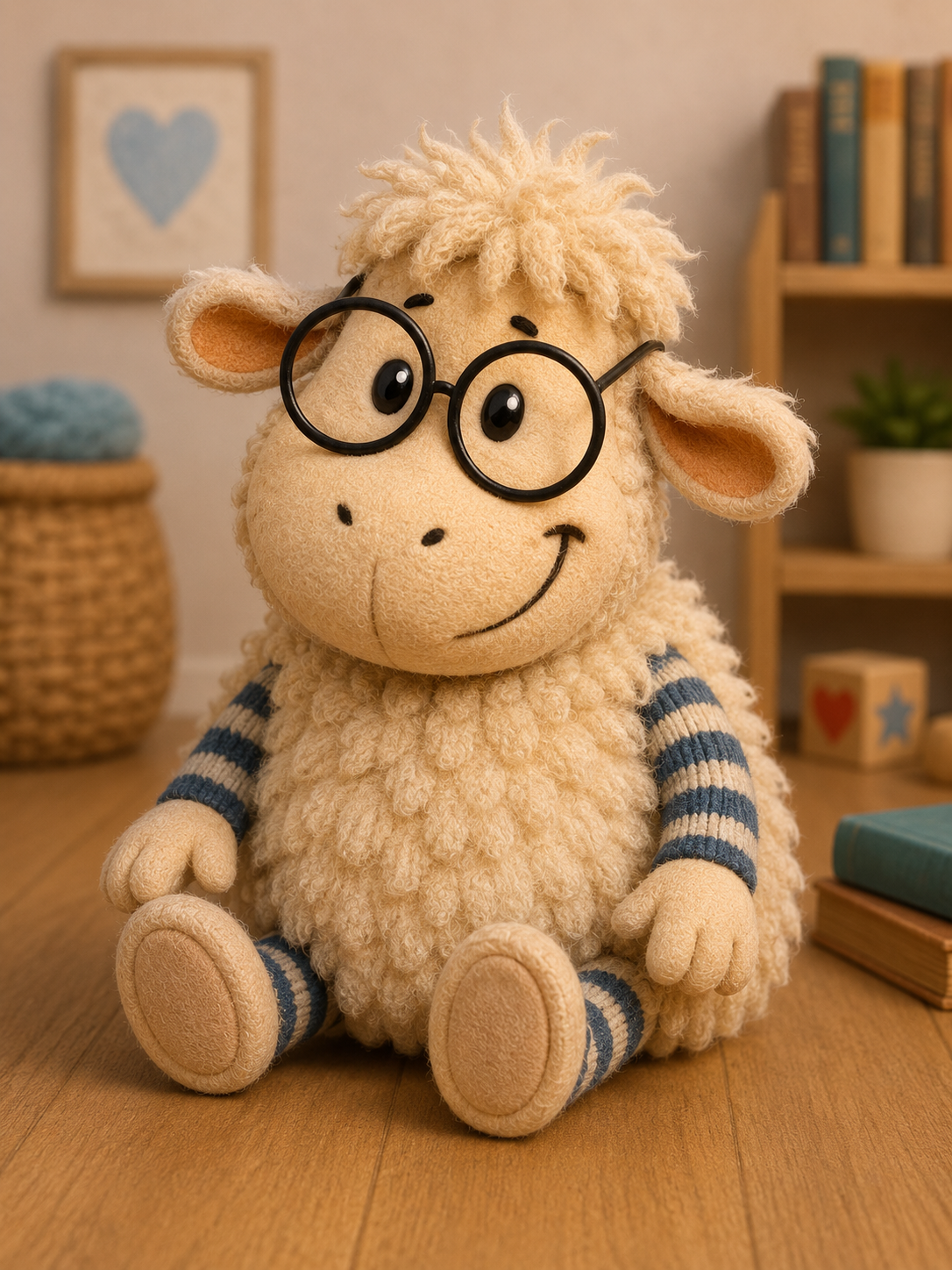 Original-Plüschfigur des Brillenschafs Möbi aus dem Winnieversum von Gerry Dressler, sitzend auf einem Holzboden. Das cremefarbene, flauschige Schaf trägt eine runde, schwarze Brille, schaut freundlich lächelnd drein und hat blau-dunkelblau gestreifte Ärmel und Socken an. Im Hintergrund ist ein gemütlicher Wohnbereich mit einem geflochtenen Korb, einem verschwommenen Bild mit blauem Herz und einem hölzernen Bücherregal zu sehen.
