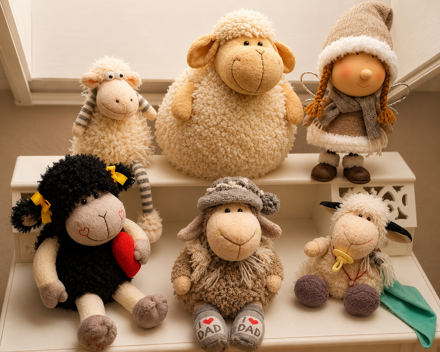 Gruppenbild aller sechs real existierenden Plüschfiguren aus dem Winnieversum von Gerry Dressler auf einem kleinen, weissen Holzregal. In der oberen Reihe: Möbi, das Grinseschaf und die Schnürpelfee mit Zöpfen und Mütze. In der unteren Reihe sitzen Hilde, das Schaf Winnie mit Strickmütze und den grauen „I ♥ DAD“-Socken sowie das Babyschaf Pfüddi mit gelbem Schnuller und violetter Kleidung.