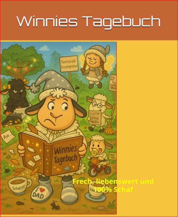 Buchcover von „Winnies Tagebuch - Frech, liebenswert und 100% Schaf“ von Gerry Dressler. Das Bild zeigt eine farbige Illustration des Schafs Winnie mit Zipfelmütze und „I ♥ DAD“-Socken, das skeptisch in einem offenen Tagebuch liest. Im Hintergrund sind weitere Schafe auf einer Wiese zu sehen, darunter ein schwarzes Schaf, ein Brillenschaf mit Besen, ein kleines Schaf auf einem Dreirad sowie eine schwebende Fee. Am Boden stehen Kaffeetassen mit der Aufschrift „Schaffuccino.“.