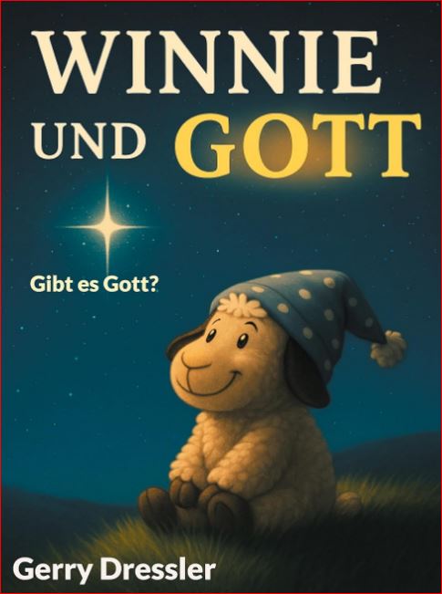 Buchcover von „Winnie und Gott - Gibt es Gott?“ von Autor Gerry Dressler. Die Illustration zeigt das kleine Schaf Winnie mit einer blau-weiss gepunkteten Zipfelmütze, das nachts zufrieden im Gras sitzt und nach oben blickt. Über ihm am dunkelblauen, sternenklaren Himmel leuchtet ein grosser, heller Stern. Der Buchtitel steht in grossen Buchstaben im oberen Bereich, der Autorenname Gerry Dressler unten links.