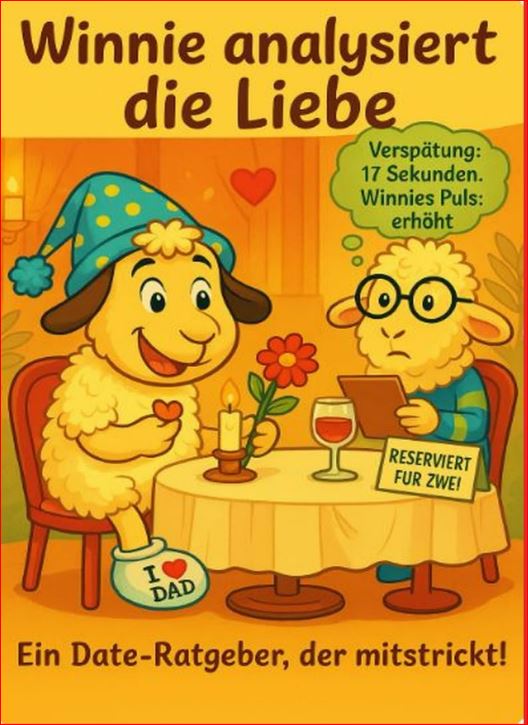 Buchcover von „Winnie analysiert die Liebe - Ein Date-Ratgeber, der mitstrickt!“ von Gerry Dressler. Die Illustration auf gelbem Hintergrund zeigt ein romantisches Date im Restaurant: Das Schaf Winnie mit Zipfelmütze und „I ♥ DAD“-Schuh sitzt fröhlich an einem Tisch bei Kerzenschein und hält eine Blume. Ihm gegenüber sitzt Schaf Möbi mit Brille, das auf ein Klemmbrett schaut. In seiner Gedankenblase steht: „Verspätung: 17 Sekunden. Winnies Puls: erhöht“. Auf dem Tisch steht ein Glas Rotwein und ein Schild mit der Aufschrift „RESERVIERT FÜR ZWEI!“.