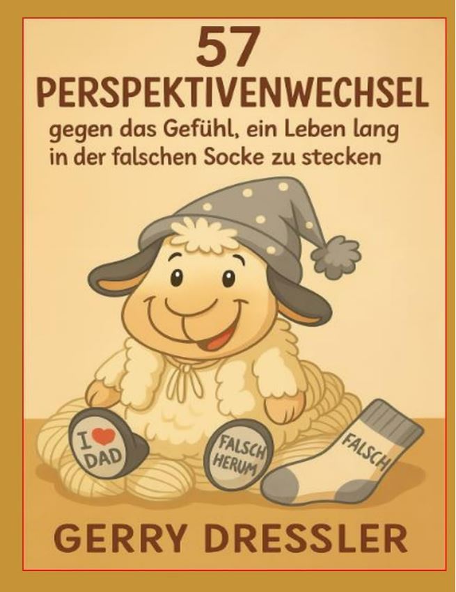 Buchcover von „57 Perspektivenwechsel gegen das Gefühl, ein Leben lang in der falschen Socke zu stecken“ von Autor Gerry Dressler. Die Illustration im schafstarken Design zeigt das kleine Schaf Winnie mit einer grau gepunkteten Zipfelmütze, das lächelnd auf dem Boden inmitten von Wollknäueln sitzt. Unter seinen Füssen bzw. Schuhen stehen die Schriftzüge „I ♥ DAD“ und „FALSCH HERUM“. Rechts neben ihm liegt eine einsame Socke mit der Aufschrift „FALSCH“. Der Buchtitel ist oben in grossen, braunen Buchstaben platziert, der Autorenname Gerry Dressler steht unten mittig.