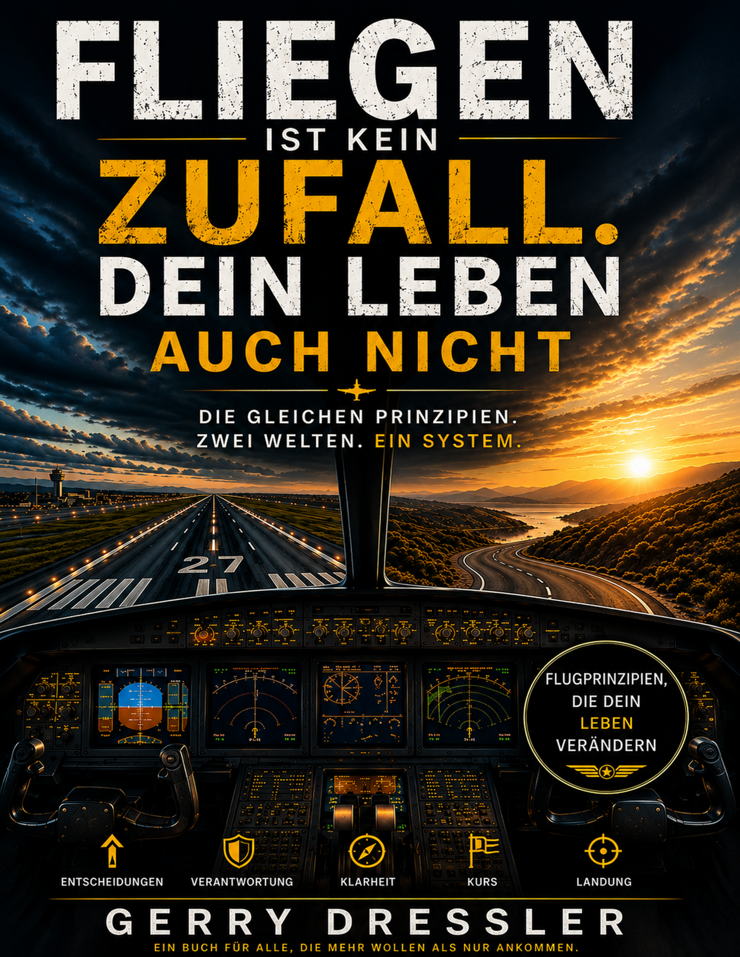 Buchcover von „FLIEGEN IST KEIN ZUFALL. DEIN LEBEN AUCH NICHT“ von Autor Gerry Dressler. Das Design zeigt den Blick aus einem modernen Flugzeugcockpit mit leuchtenden Instrumenten. Durch die Frontscheibe sieht man zweigeteilt eine beleuchtete Start- und Landebahn mit der Kennzeichnung „27“ zur linken Seite und eine geschwungene Asphaltstrasse zur rechten Seite, die beide in einen dramatischen Sonnenuntergang führen. Der Titel ist in grossen, weissen und goldenen Buchstaben im oberen Bereich platziert, gefolgt vom Untertitel „Die gleichen Prinzipien. Zwei Welten. Ein System.“. Unten stehen die Begriffe Entscheidungen, Verantwortung, Klarheit, Kurs und Landung sowie deir Autorenname Gerry Dressler.