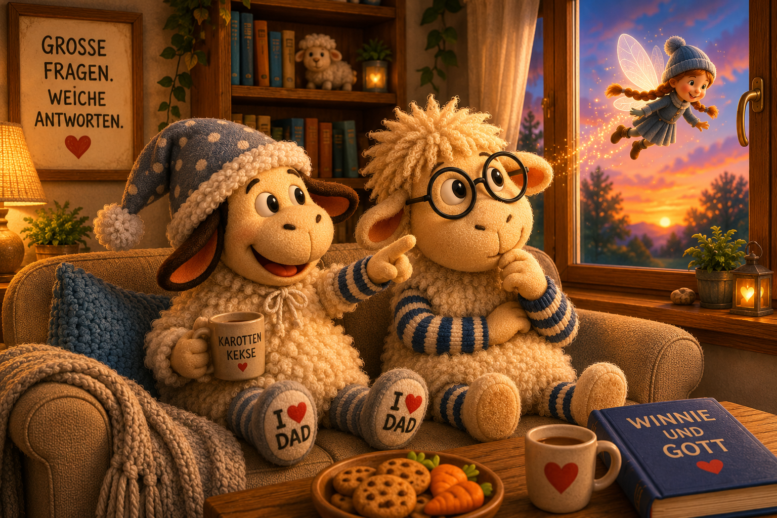 Illustration aus dem Winnieversum von Gerry Dressler: Das Schaf Winnie mit Zipfelmützemütze und Schaf Möbi mit Brille sitzen auf dem Sofa. Winnie zeigt auf die fliegende Schnürpelffe,  am Fenster bei Sonnenuntergang. Auf dem Tisch liegt das Buch „Winnie und Gott“, daneben Karottenkekse. An der Wand hängt ein Bild mit dem Spruch „Grosse Fragen. Weiche Antworten.“.