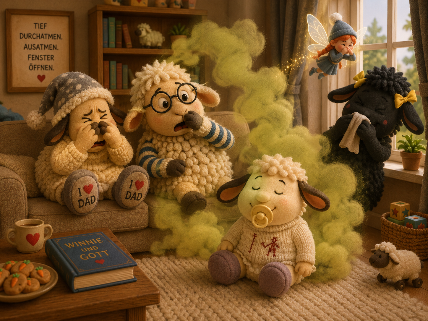 Humorvolle Illustration aus dem Winnieversum von Gerry Dressler: Ein kleines Schaf Namens Pfüddi mit Schnuller sitzt auf dem Boden, umgeben von einer grünen Duftwolke. Auf dem Sofa halten sich Winnie (mit Zipfelmütze) und ein Schaf mit Brille (namens Möbi)entsetzt die Nase zu. Ein schwarzes Schaf (namens Hilde) am Fenster und die Schnürpelfee flüchten vor dem Geruch. Auf dem Tisch liegt das Buch „Winnie und Gott“. An der Wand hängt ein Bild mit dem Spruch „TIEF DURCHATMEN. AUSATMEN. FENSTER ÖFFNEN.“.