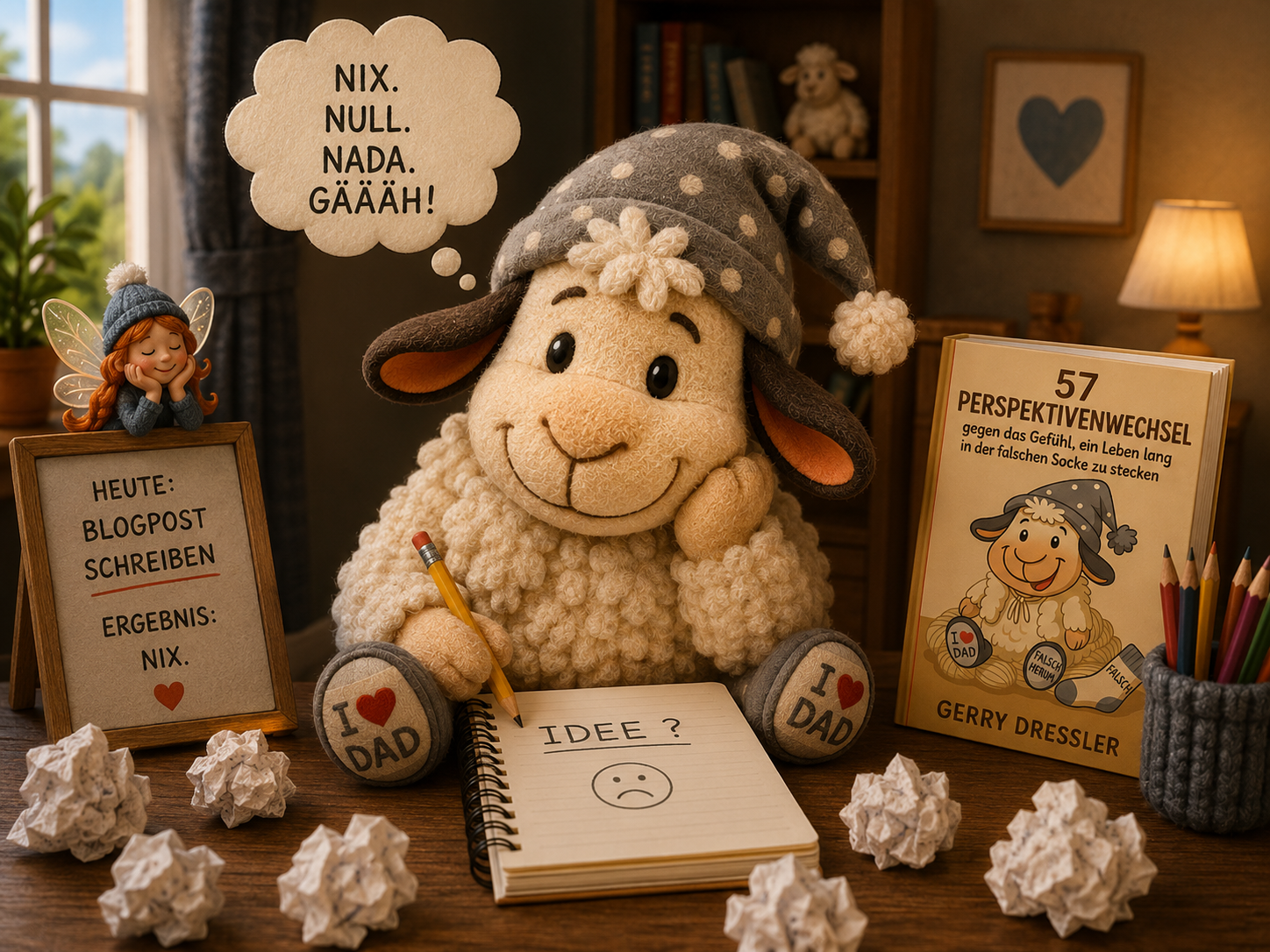 Illustration aus dem Winnieversum von Gerry Dressler zum Thema Schreibblockade: Das Schaf Winnie sitzt mit einer Schlafmütze und einem Bleistift ratlos vor einem leeren Notizblock mit der Aufschrift „IDEE?“. In einer Sprechblase steht „NIX. NULL. NADA. GÄÄÄH!“. Auf dem Tisch liegen zerknüllte Papierbälle und das Buch „57 Perspektivenwechsel gegen das Gefühl, ein Leben lang in der falschen Socke zu stecken“ von Gerry Dressler. Neben ihm steht ein Schild mit der Aufschrift „HEUTE: BLOGPOST SCHREIBEN. ERGEBNIS: NIX.“.