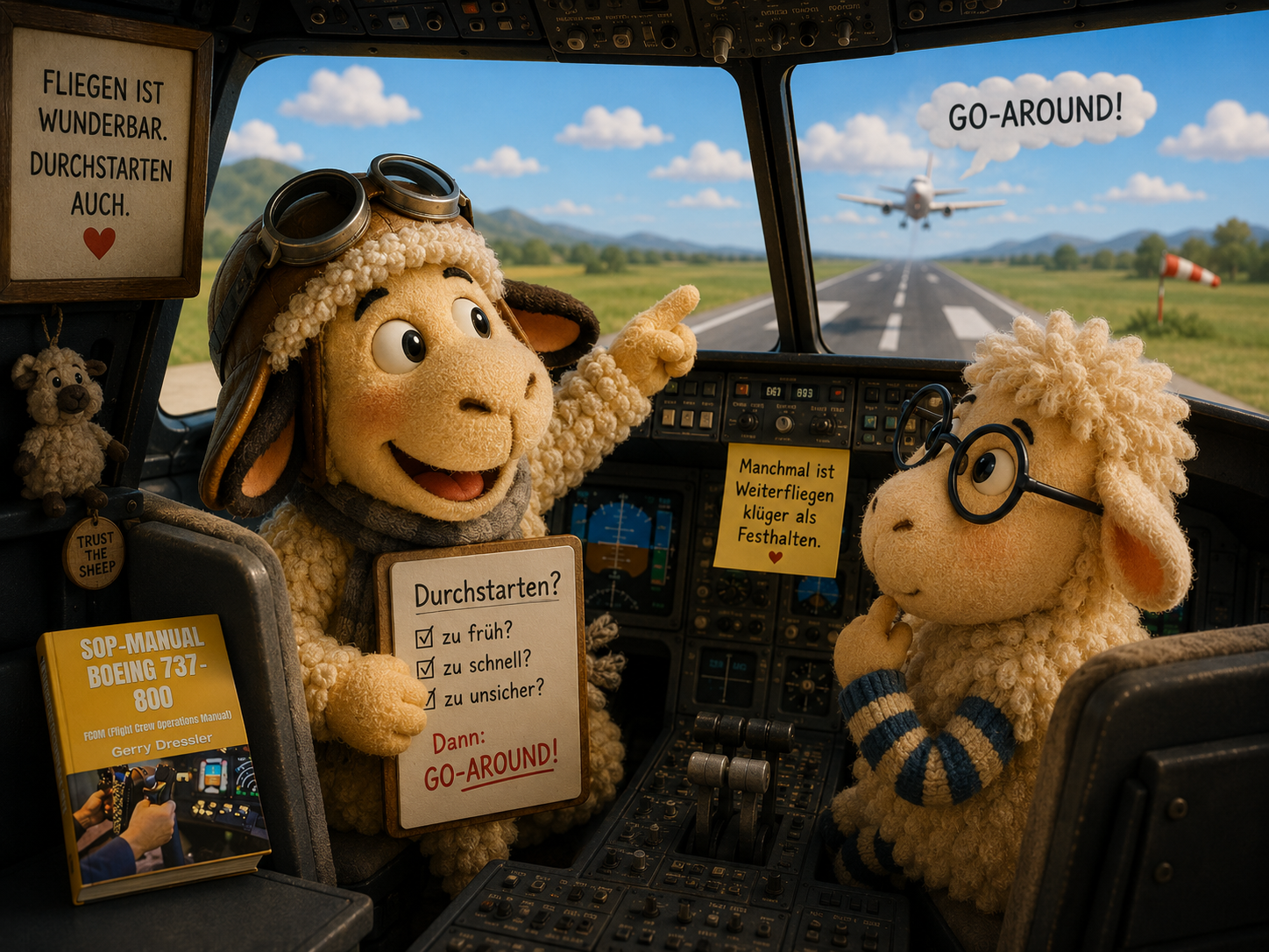 Illustration aus dem Winnieversum von Gerry Dressler im Cockpit eines Flugzeugs: Das Schaf Winnie trägt eine Fliegerbrille und zeigt aus dem Cockpitfenster auf ein Flugzeug, das auf der Landebahn durchstartet. Eine Sprechblase zeigt „GO-AROUND!“. Winnie hält ein Klemmbrett mit der Aufschrift „Durchstarten? zu früh? zu schnell? zu unsicher? Dann: GO-AROUND!“. Neben ihm sitzt Möbi ein Schaf mit Brille. Links im Cockpit liegt das Fachbuch „SOP-Manual Boeing 737-800“ von Gerry Dressler. An der Wand hängen Sprüche wie „FLIEGEN IST WUNDERBAR. DURCHSTARTEN AUCH.“.