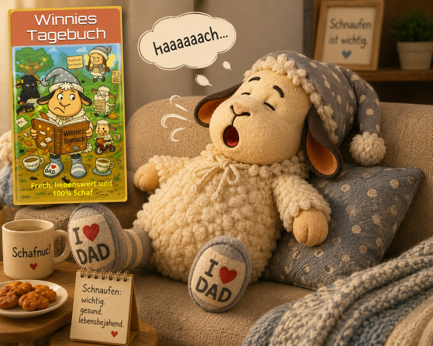 Illustration aus dem Winnieversum von Gerry Dressler: Das Schaf Winnie liegt mit einer gepunkteten Zipfelmützemütze entspannt auf einem Kissen auf dem Sofa und macht erleichtert „haaaaaach...“. Neben ihm ist das Buchcover von „Winnies Tagebuch - Frech, liebenswert und 100% Schaf“ von Gerry Dressler abgebildet. Auf dem Tisch stehen eine Tasse mit der Aufschrift „Schaffuccino!“, Kekse und ein kleiner Kalenderaufsteller mit dem Text „Schnaufen: wichtig. gesund. lebensbejahend.“. Im Hintergrund hängt ein Bild mit dem Spruch „Schnaufen ist wichtig.“.