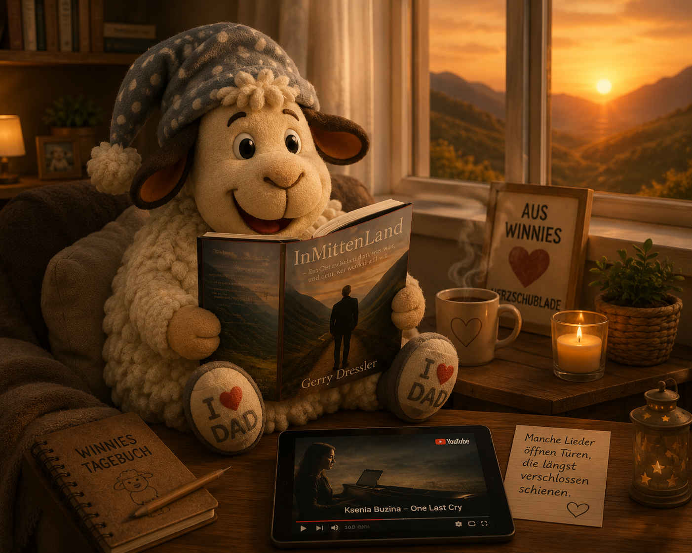 Emotionale Illustration aus dem Winnieversum von Gerry Dressler: Das Schaf Winnie sitzt mit einer gepunkteten Zipfelmütze gemütlich im Sessel und liest im Buch „InMittenLand“ von Autor Gerry Dressler. Im Hintergrund ist ein Fenster mit Blick auf einen goldenen Sonnenuntergang in den Bergen zu sehen. Auf dem Tisch steht eine dampfende Kaffeetasse neben einem Schild mit der Aufschrift „AUS WINNIES HERZSCHUBLADE“. Im Vordergrund liegen „Winnies Tagebuch“, eine brennende Kerze und ein Tablet, auf dem ein YouTube-Video von „Ksenia Buzina - One Last Cry“ läuft. Daneben liegt ein Zettel mit dem Spruch: „Manche Lieder öffnen Türen, die längst verschlossen schienen.“.