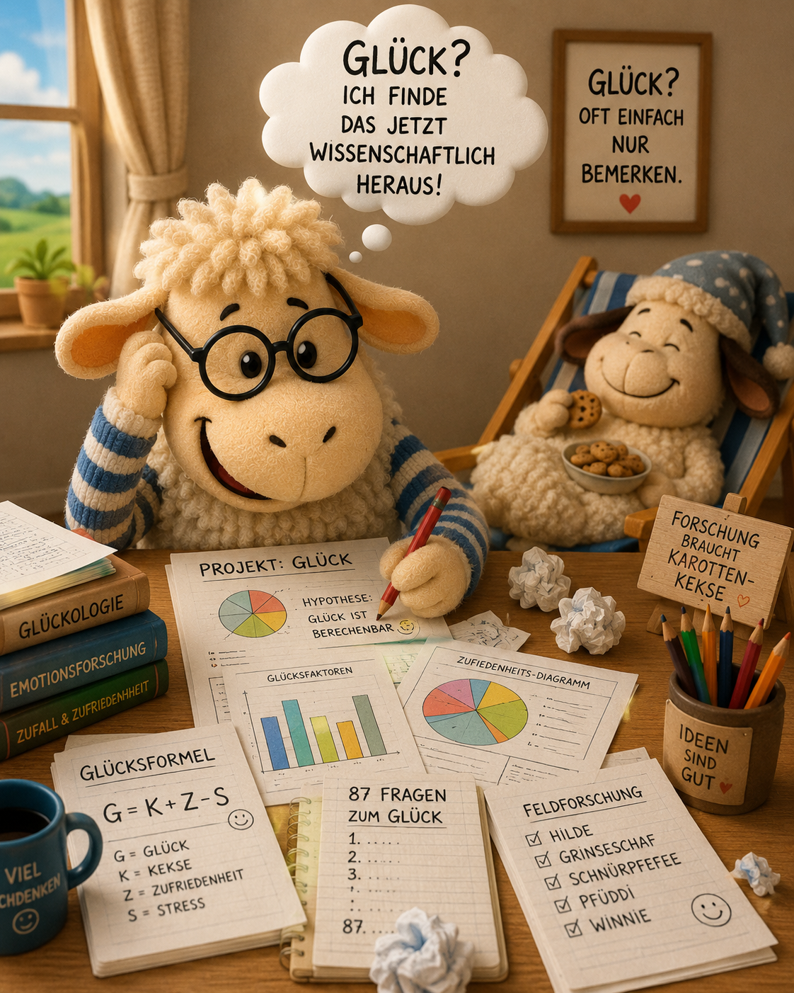 Philosophische Illustration aus dem Winnieversum von Gerry Dressler: Schaf Möbi mit Brille sitzt am Schreibtisch und schreibt an einem „PROJEKT: GLÜCK“, während es denkt: „GLÜCK? ICH FINDE DAS JETZT WISSENSCHAFTLICH HERAUS!“. Vor ihm liegen Diagramme, Bücher über „GLÜCKOLOGIE“ und Notizen mit einer „GLÜCKSFORMEL“ ($G = K + Z - S$), „87 FRAGEN ZUM GLÜCK“ sowie einer Checkliste zur „FELDFORSCHUNG“ (mit Namen wie Winnie und Hilde). Im Hintergrund liegt das Schaf Winnie entspannt im Liegestuhl und isst Kekse. An der Wand hängt ein Bild mit dem Spruch „GLÜCK? OFT EINFACH NUR BEMERKEN.“.