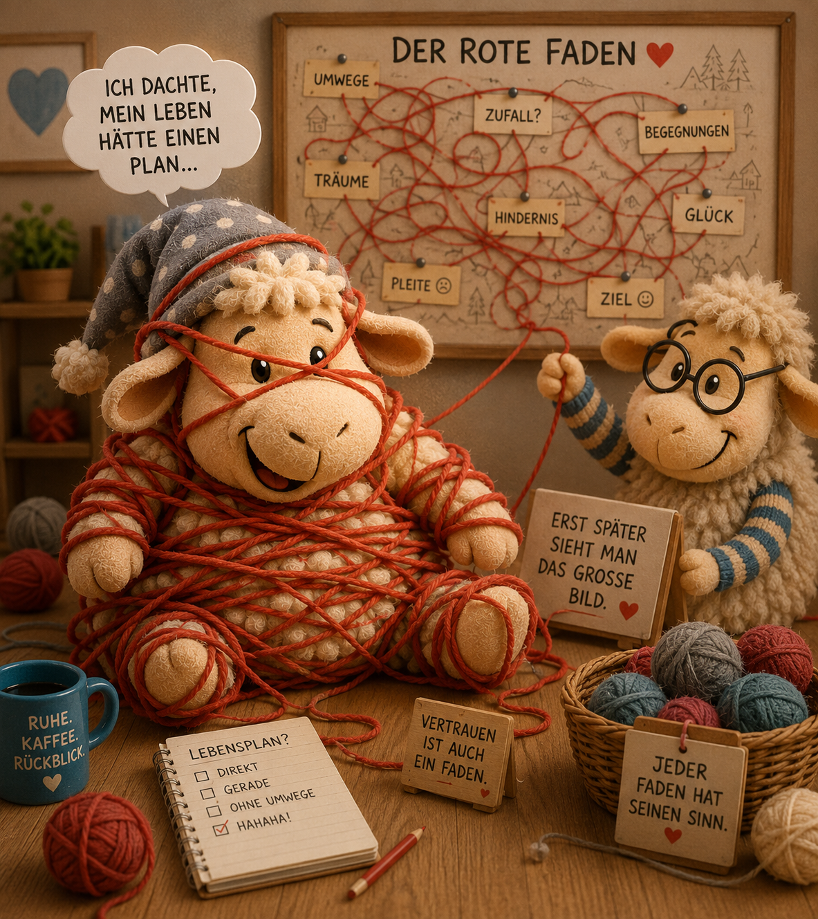 Philosophische Illustration aus dem Winnieversum von Gerry Dressler zum Thema Perspektivenwechsel: Das Schaf Winnie mit gepunkteter Zipfelmütze sitzt komplett in roten Wollfaden eingewickelt auf dem Boden und denkt: „ICH DACHTE, MEIN LEBEN HÄTTE EINEN PLAN...“. Neben ihm steht das Schaf Möbi mit Brille vor einer Pinnwand mit dem Titel „DER ROTE FADEN“, auf der ein Labyrinth aus Fäden Stationen wie Umwege, Zufall?, Träume, Hindernis, Begegnungen, Glück, Pleite und Ziel verbindet. Im Vordergrund liegen ein Notizblock mit der Aufschrift „LEBENSPLAN? DIREKT, GERADE, OHNE UMWEGE, HAHAHA!“, eine Tasse „RUHE. KAFFEE. RÜCKBLICK.“ und kleine Schilder mit Sprüchen wie „ERST SPÄTER SIEHT MAN DAS GROSSE BILD.“, „VERTRAUEN IST AUCH EIN FADEN.“ und „JEDER FADEN HAT SEINEN SINN.“.