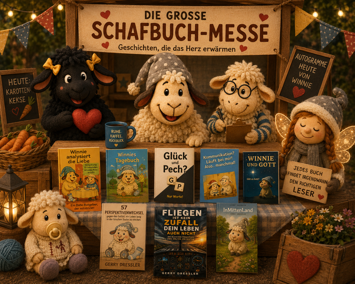 llustration aus dem Winnieversum von Gerry Dressler: Die Schaf-Figuren veranstalten einen Marktstand namens „DIE GROSSE SCHAFBUCH-MESSE - Geschichten, die das Herz erwärmen“. Am Stand signiert ein Schaf Möbi mit Brille Bücher, während Winnie mit Zipfelmützemütze die Besucher begrüsst. Auf dem Tresen sind die Bücher von Gerry Dressler ausgestellt: „Winnie analysiert die Liebe“, „Winnies Tagebuch“, „Glück und Pech? Nur Worte!“, „Kommunikation? Läuft bei mir!“, „Winnie und Gott“, „57 Perspektivenwechsel“, „Fliegen ist kein Zufall - Dein Leben auch nicht“ und „InMittenLand“. Ein schwarzes Schaf (Hilde) hält ein rotes Herz, Schaf Pfüddi mit Schnuller sitzt am Boden und die Schnürpelfee hält ein Schild mit der Aufschrift „JEDES BUCH FINDET IRGENDWANN DEN RICHTIGEN LESER.“.