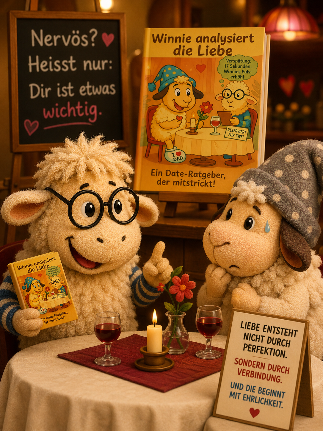 Illustration aus dem Winnieversum von Gerry Dressler zum Thema Liebe: Schaf Möbi mit Brille und das sichtlich nervöse Schaf Winnie sitzen bei Kerzenschein und Rotwein an einem Tisch. Möbi hält das Buch „Winnie analysiert die Liebe“ in der Hand und hebt den Zeigefinger. Im Hintergrund steht ein grosses Cover des Buches „Winnie analysiert die Liebe - Ein Date-Ratgeber, der mitstrickt!“ von Gerry Dressler auf einer Staffelei. Links steht eine Kreidetafel mit dem Text „Nervös? Heisst nur: Dir ist etwas wichtig.“. Rechts steht ein Aufsteller mit dem Spruch: „LIEBE ENTSTEHT NICHT DURCH PERFEKTION. SONDERN DURCH VERBINDUNG. UND DIE BEGINNT MIT EHRLICHKEIT.“.