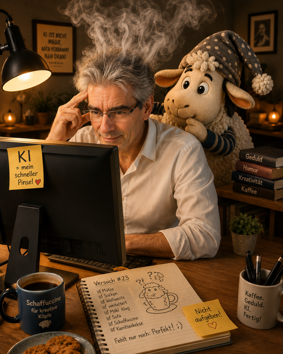 Illustration von Autor Gerry Dressler und dem Schaf Winnie am Computer: Gerry Dressler sitzt konzentriert am Schreibtisch mit qualmendem Kopf, während Schaf Winnie mit Zipfelmütze ihm über die Schulter schaut. Auf dem Monitor klebt eine Notiz „KI = mein schneller Pinsel“. Im Vordergrund liegen ein Notizblock mit einer Skizze und einer Checkliste für „Versuch #23“, eine Tasse „Schaffuccino für kreative Köpfe“ und ein Zettel mit „Nicht aufgeben!“. An der Wand hängt ein Bild mit dem Text „KI IST NICHT MAGIE. ABER VERDAMMT NAH DRAN!“.