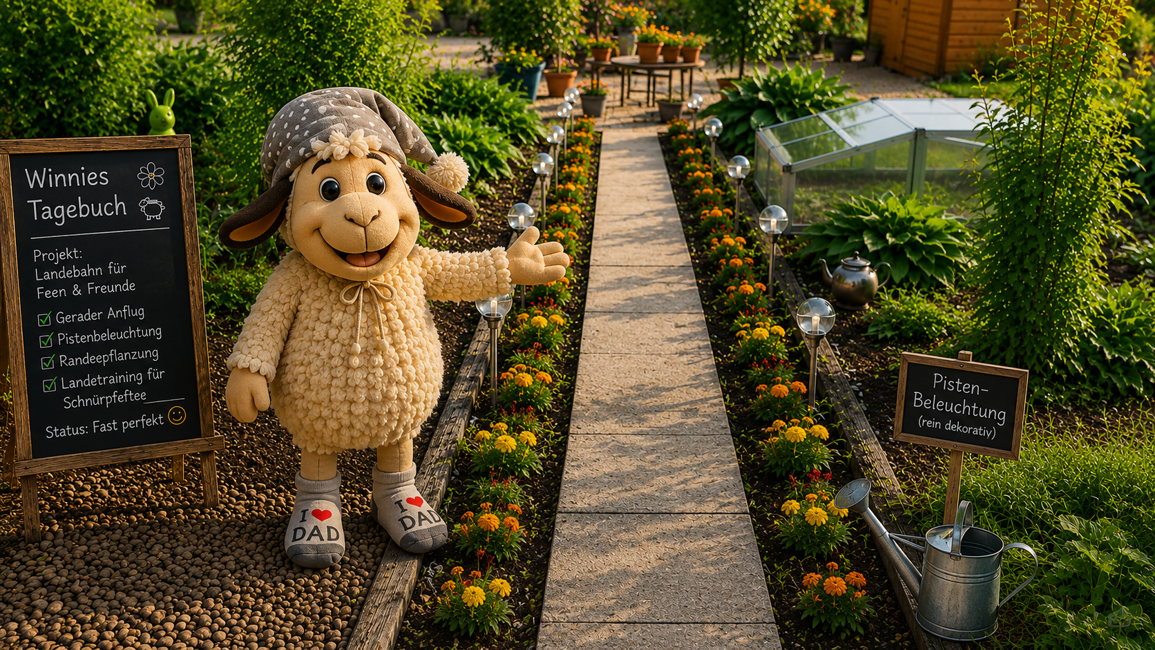 Schaf Winnie  steht im Gartenweg, Schildern und Deko-Beleuchtung, Teich und Gewächshaus im Hintergrund.