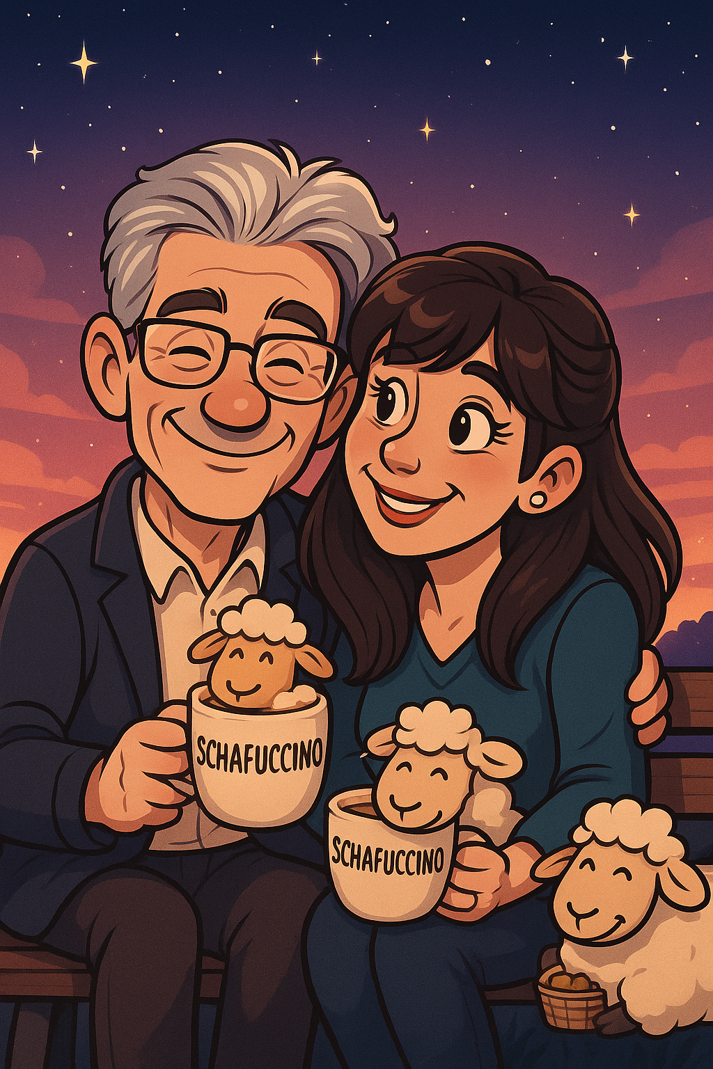Illustration im liebevollen Zeichentrickstil des Winnieversums: Autor Gerry Dressler mit Brille und seine Frau Sandy sitzen glücklich lächelnd nebeneinander unter einem sternenklaren Abendhimmel. Beide halten eine weisse Kaffeetasse mit der Aufschrift „SCHAFUCCINO“, aus der jeweils ein kleines, zufriedenes Schaf herausschaut. Neben Sandy sitzt ein weiteres kleines Schaf mit einem Körbchen voller Kekse. Ein sehr persönliches Porträt des Autors und seiner Frau inmitten der Schafwelt von Himmel & Herz.