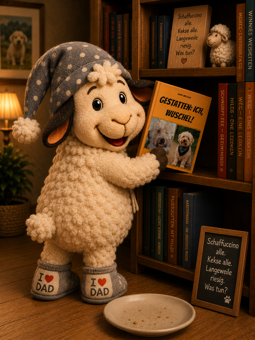 Illustration aus dem Winnieversum von Gerry Dressler vor einem Bücherregal: Das Schaf Winnie mit grau gepunkteter Zipfelmütze und Hausschuhen mit der Aufschrift „I ♥ DAD“ zieht ein orangefarbenes Buch mit dem Titel „GESTATTEN: ICH, WUSCHEL!“ heraus. Auf dem Buchcover sind zwei reale Fotos eines wuscheligen, hellen Hundes zu sehen. Im Hintergrund an der Wand hängt ein gerahmtes Bild desselben Hundes als Welpe. Vor dem Regal steht ein leeres Keks-Teller auf dem Boden neben einer kleinen Kreidetafel mit dem Text: „Schafuccino alle. Kekse alle. Langeweile riesig. Was tun?“. Auf einem Holzschild im Regal steht derselbe Spruch geschrieben.