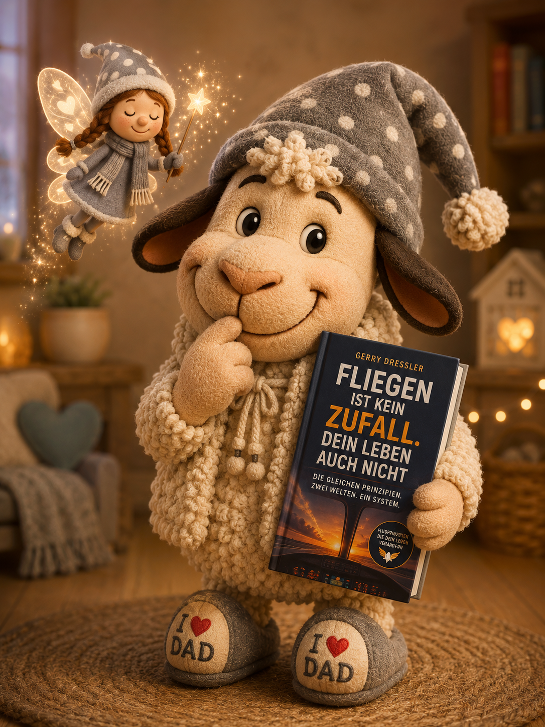 Schaf Winnie hält mit verschmitzten Blick das Buch Fliegen ist kein Zufall in den Händen. Schnürpelfee im Hintergrund beim Vorbeiflug