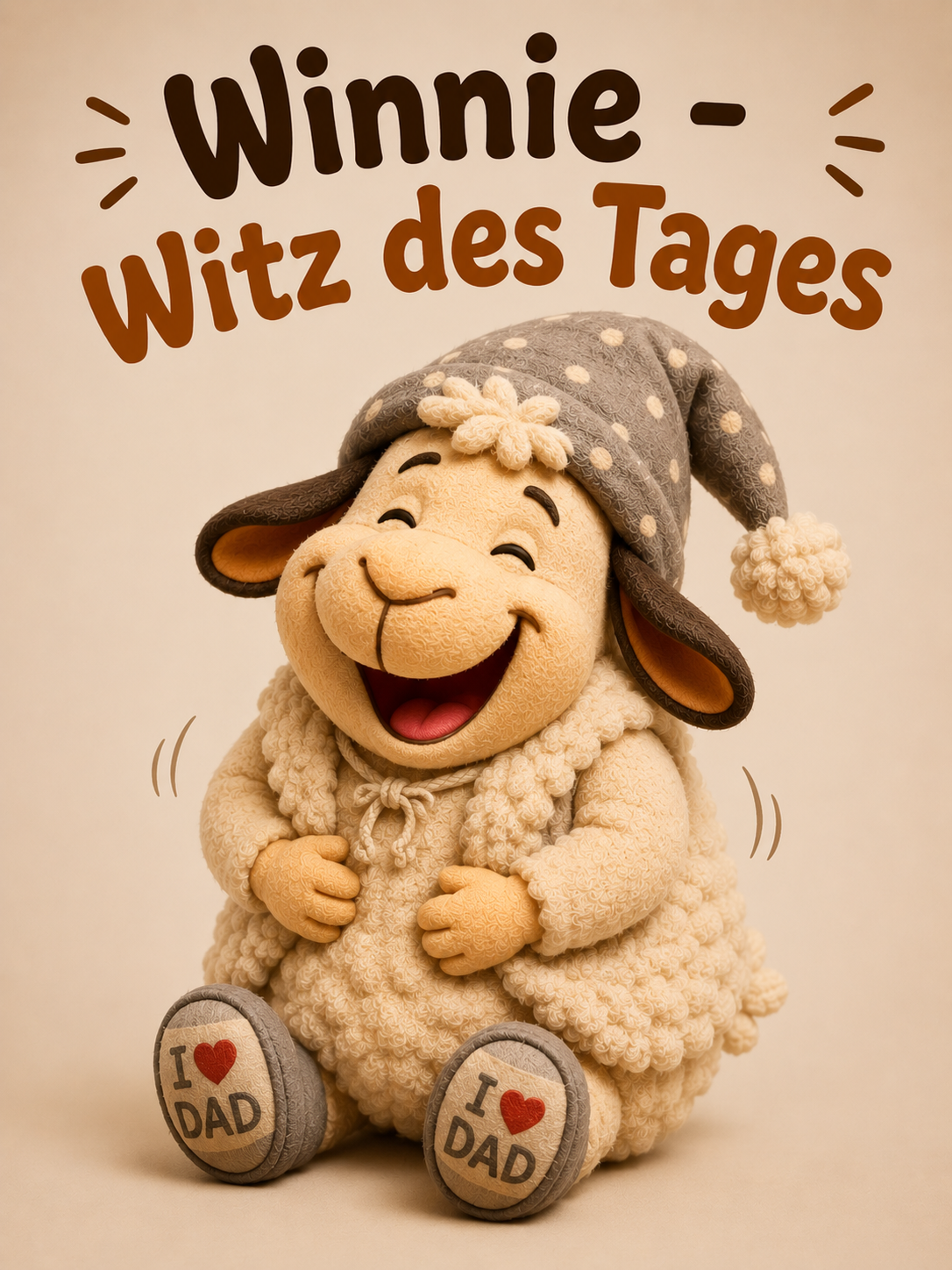 Illustration mit der Aufschrift Winnie - Witz des Tages, auf der das Schaf Winnie mit einer Zipfelmütze fröhlich grinst.