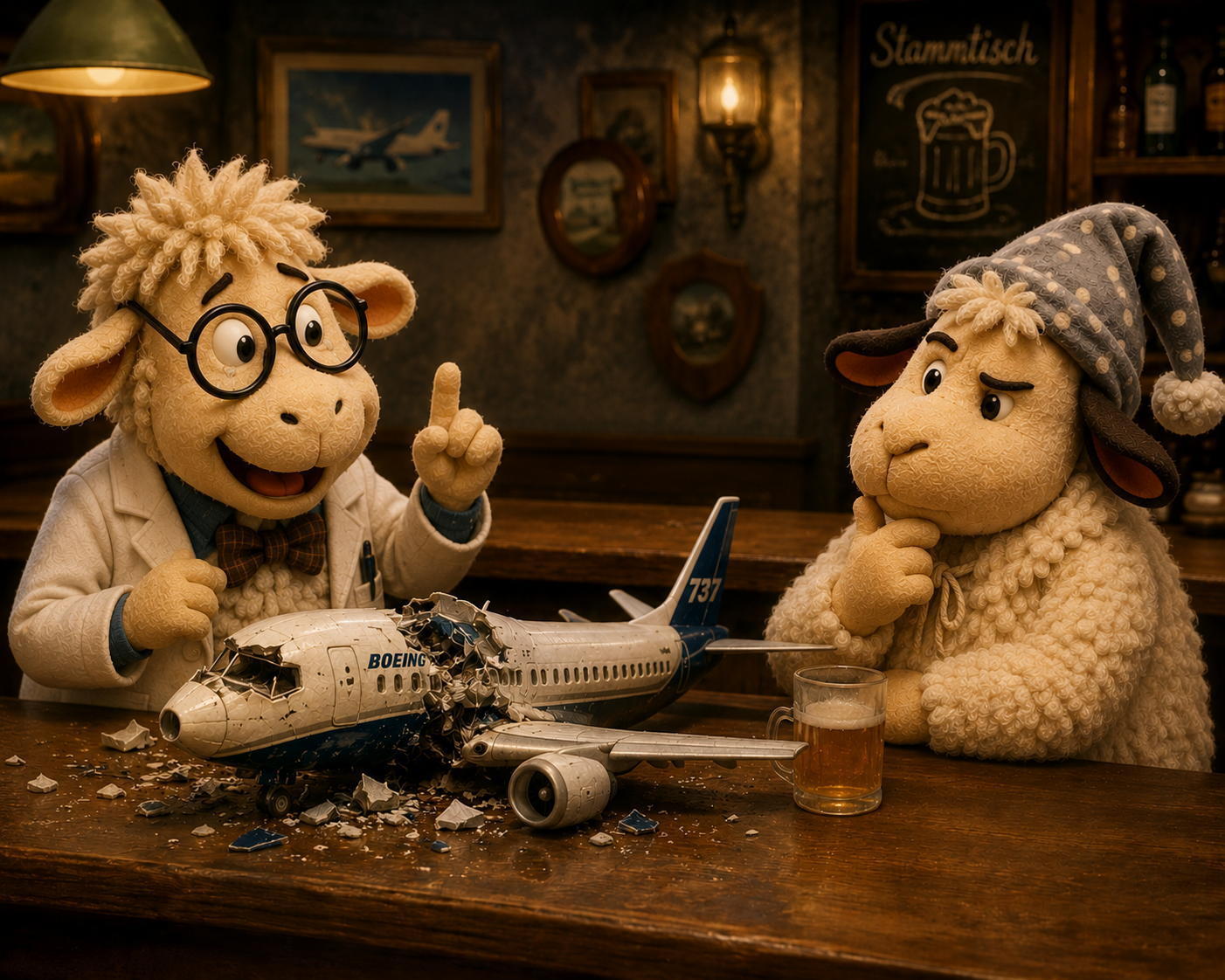 Winnie und Möbi sitzen in einer Bar neben zertrümmertem Flugzeugmodell.