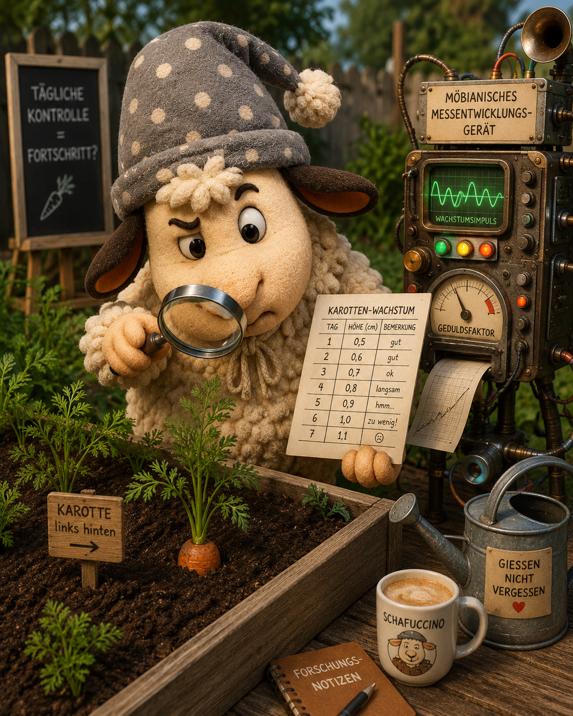 Schaf Winnie untersucht Karotten mit Lupe, daneben Messgerät mit grüner Anzeige.