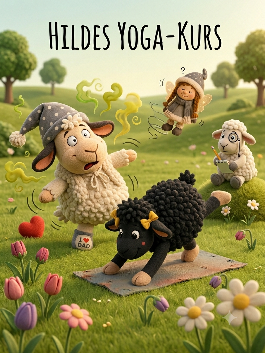 Eine humorvolle Plüsch-Illustration aus dem WinnieVersum: Das schwarze Schaf Hilde mit gelben Schleifen an den Ohren macht Yoga auf einer Wiese. Dahinter taumelt das weiße Schaf Winnie mit grau-weißen „I Love Dad“-Socken und einer Schlafmütze erschrocken zurück, umgeben von grünen Duftwolken. Die Schnürpelfee fliegt verwirrt in der Luft, während Schaf Möbi auf einem Hügel Notizen macht.