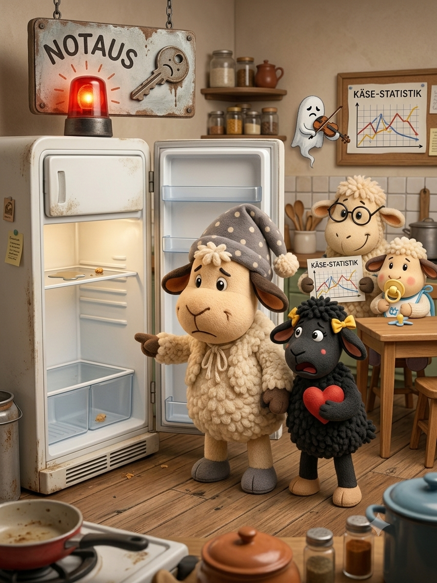 Winnie und Hilde stehen vor Kühlschrank und Tafel, daneben Schaf Möbi und Pfüddi, und Käse-Statistik in der Küche.