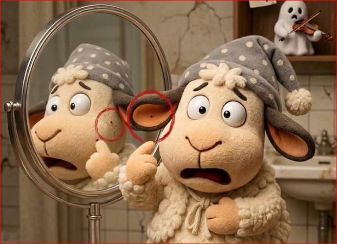 Winnie mit Mütze steht im Badezimmer vor einem Spiegel und betrachtet eine kleinst Wunde