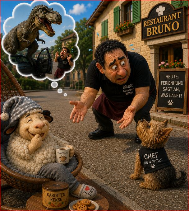 Bruno kniet auf der Straße, neben Hund und Winnie mit Restaurant-Schild und Gedankenblase eines Dinosauriers.