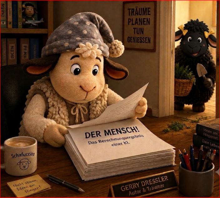 Winnie das Schaf liest am Schreibtisch ein Buchmanuskript, während Hilde das schwarze Schaf aus der Tür blickt.