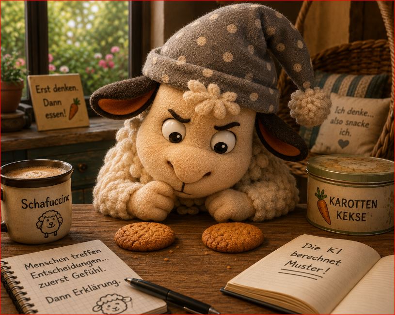 Schaf Winnie sitzt am Tisch, daneben Schafuccino, Kekse, Notizbücher und Karottenkekse.