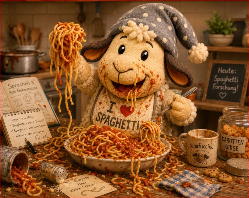 Schaf Winnie mit Spaghetti im Arm, umgeben von Küchenutensilien, Schildern und Keksen auf einem Tisch.