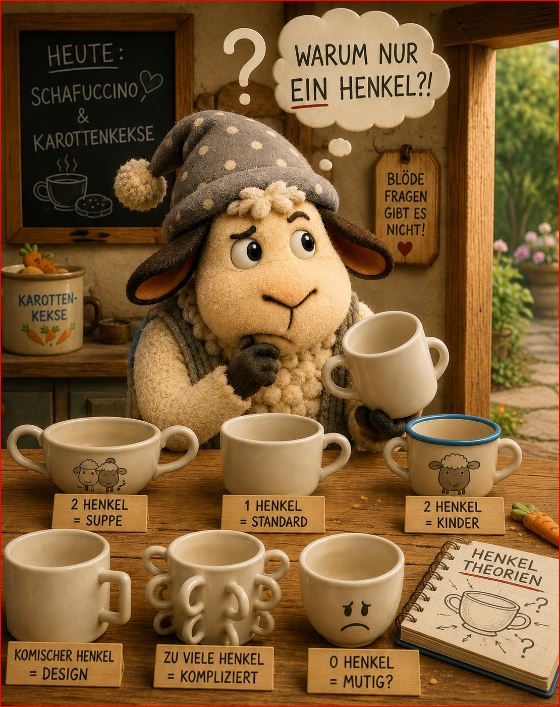 Schaf Winnie mit Tasse, Schildern und Fragezeichen; humorvolle Tassen-Logik auf seinem Küchentisch.