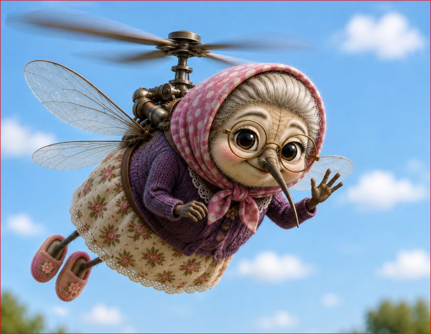 Verspielte Cartoon-Mücke mit Brille, Schal und Flügeln, fliegt vor blauem Himmel mit Wolken.