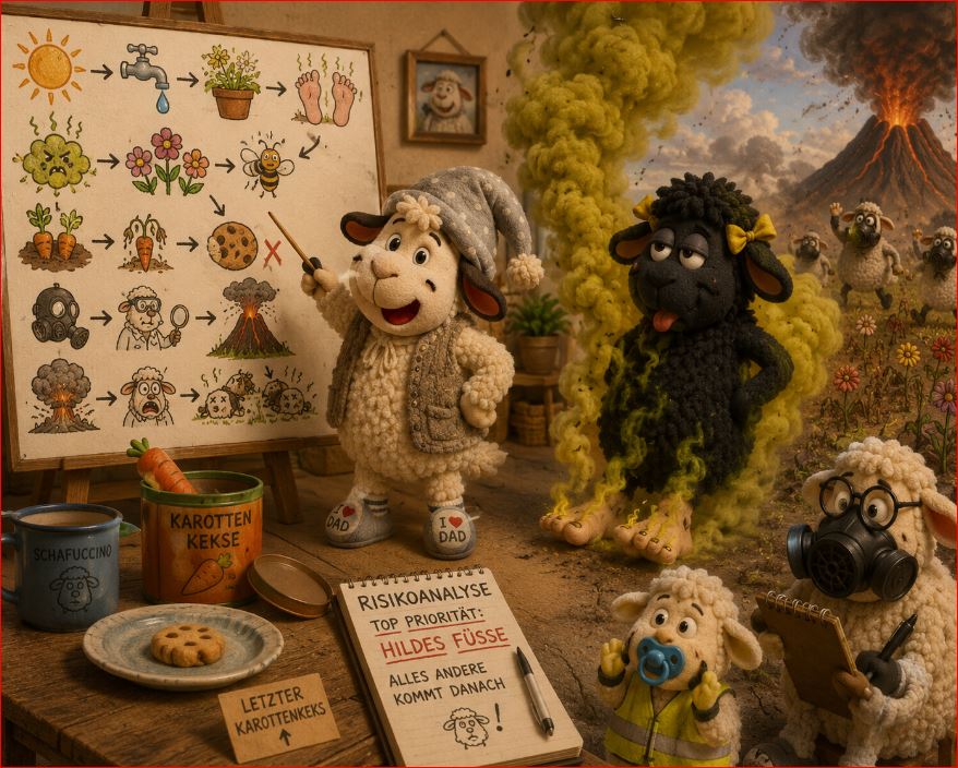 Winnie und Hilde posieren neben Rauchwolken, Feuer und Plakaten mit Warnsymbolen und zeigen ein Untergangsszenario.