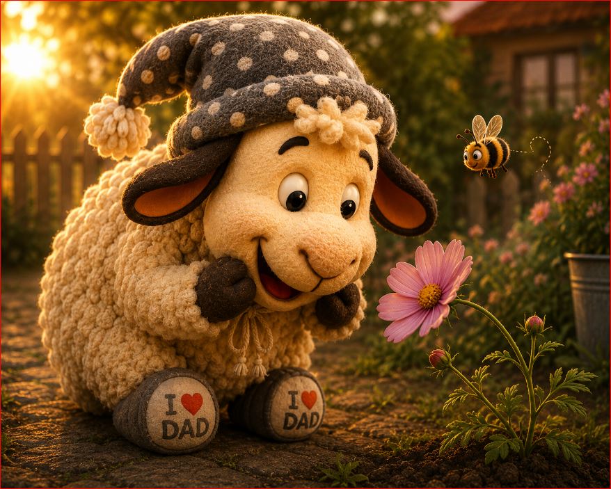 Winnie beugt sich staunend zu einer kleinen Blume und betrachtet sie ganz bewusst, während die Biene Summ daneben schwebt. Das Bild steht für Demut, Dankbarkeit und die Erkenntnis, dass selbst die kleinen Dinge des Lebens nicht selbstverständlich sind.
