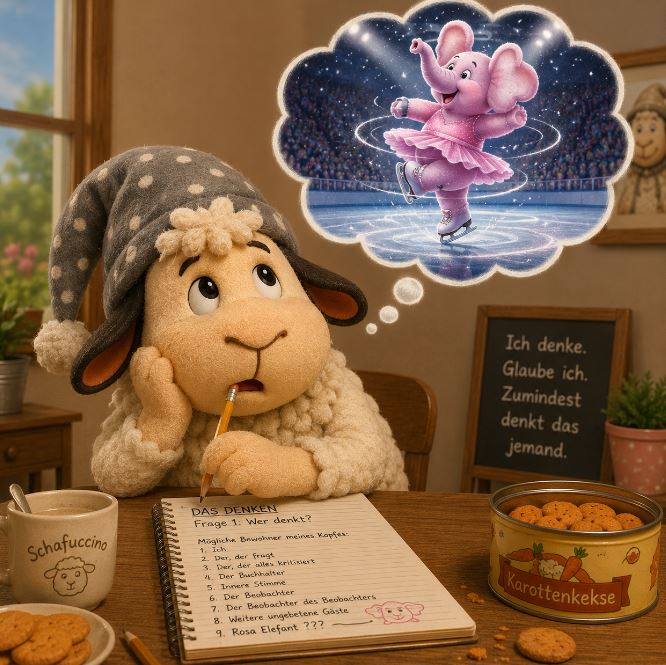 Winnie denkt über seine Gedanken nach und stellt sich einen rosa Elefanten beim Eiskunstlauf vor