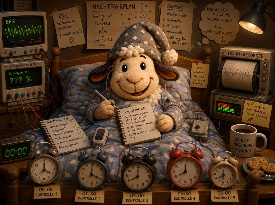 Winnie im Bett mit Weckern und Messgeräten bei seinem Experiment über Schlafphasen, Tiefschlaf und REM-Schlaf
