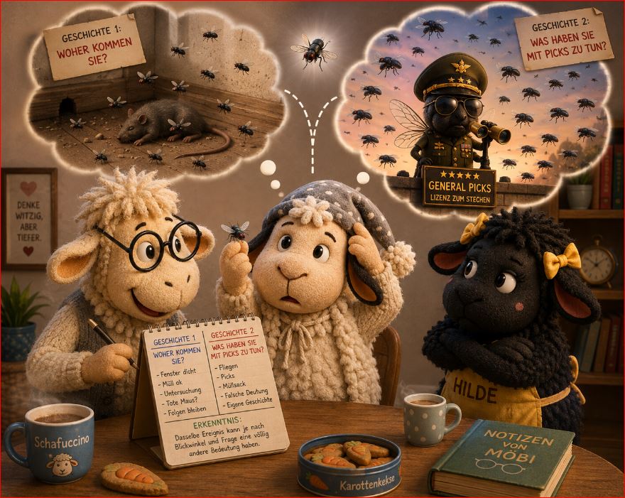 Winnie und Möbi entdecken anhand zweier Fliegengeschichten, wie unterschiedliche Blickwinkel die Bedeutung eines Ereignisses verändern können.