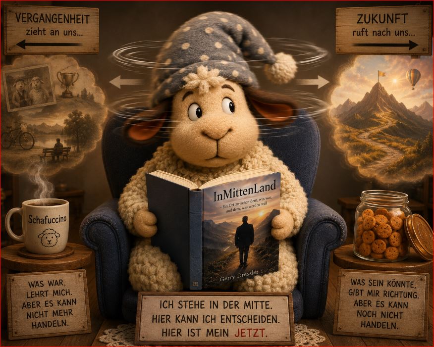 Winnie sitzt mit dem Buch InMittenLand im Sessel zwischen Vergangenheit und Zukunft, mit Schafuccino links und Karottenkeksen rechts.