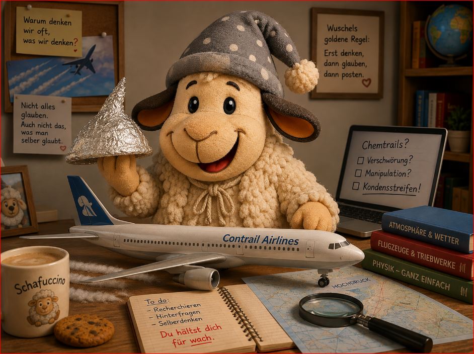 Winnie mit Aluhut in der Hand vor einem Flugzeug zum Thema Chemtrails, Kondensstreifen und kritisches Denken