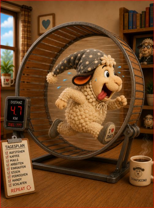 Winnie aus dem WinnieVersum rennt mit fliegenden Ohren und heraushängender Zunge in einem Hamsterrad – humorvolle Illustration über Alltagstrott, Gewohnheiten und das Leben im Autopilot.
