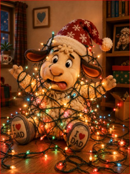 Winnie aus dem WinnieVersum sitzt mit Weihnachtsmütze völlig verheddert in einer leuchtenden Lichterkette auf dem Boden – humorvolle Illustration über Weihnachtsvorbereitungen und Weihnachtsstress.