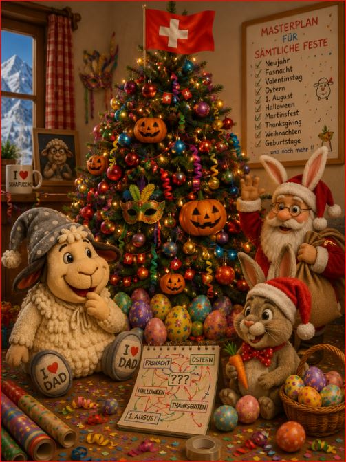 Winnie aus dem WinnieVersum vor seinem chaotischen Festtags-Masterplan: Ein Weihnachtsbaum mit Schweizer Fahne, Ostereiern, Halloween-Kürbissen und Fasnachtsdekoration sowie Samichlaus und Osterhase mit vertauschten Festtagsaccessoires.