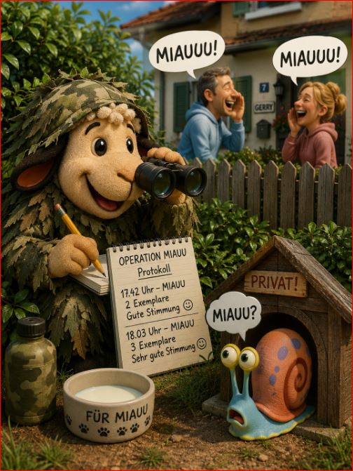 Winnie aus dem WinnieVersum liegt im Tarnanzug mit Fernglas hinter einer Hecke und untersucht bei Operation Miauu, warum die neuen Nachbarn vor Gerrys Haus miauen.
