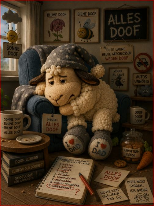 Winnie aus dem WinnieVersum hängt niedergeschlagen in seinem Sessel und findet heute einfach alles doof – sogar Sonne, Blumen, Bienen und seinen Schafuccino.