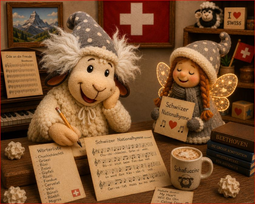 Winnie mit Beethoven-Frisur und die Schnürpelfee komponieren eine neue Schweizer Nationalhymne.