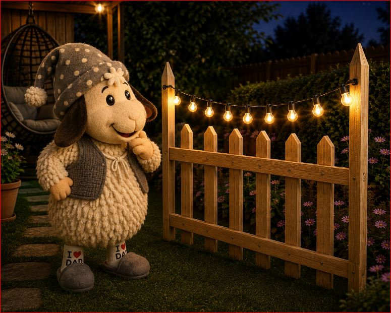 Winnie betrachtet einen absichtlich falsch herum montierten Staketenzaun mit leuchtender Lichterkette im Garten.